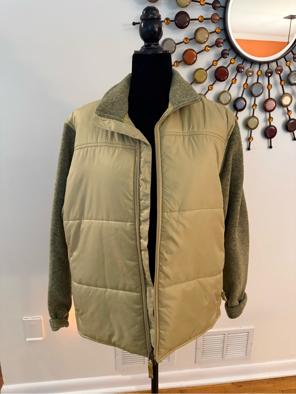 Women’s Olive Green Quilted Jacket with Knit Sleeves